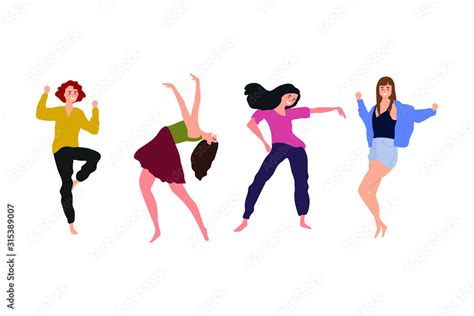 Female dancers. Group of young happy dancing people, dancing characters. isolated on white ...