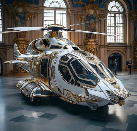 a large white and gold helicopter in a building