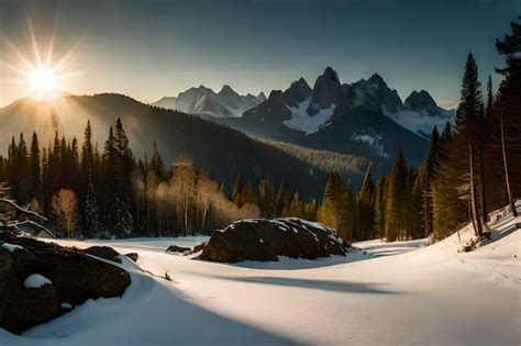 Premium AI Image | a sunrise over a snowy landscape with mountains in ...