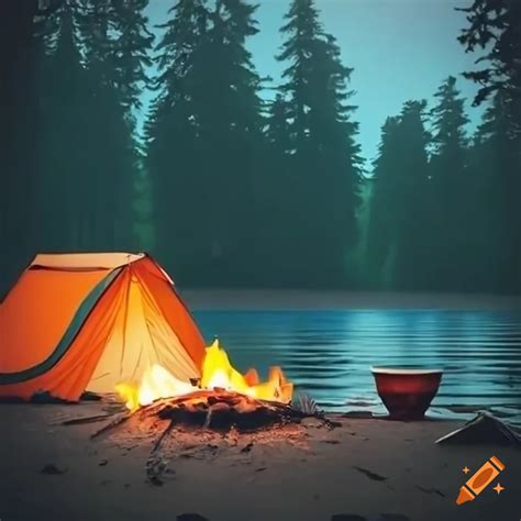 Cozy camping ground with tent and campfire near a lake on Craiyon