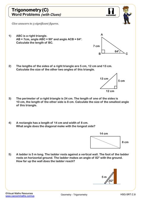 Trigonometic Ratios (SOH CAH TOA): Word Problems (With Clues) Worksheet ...