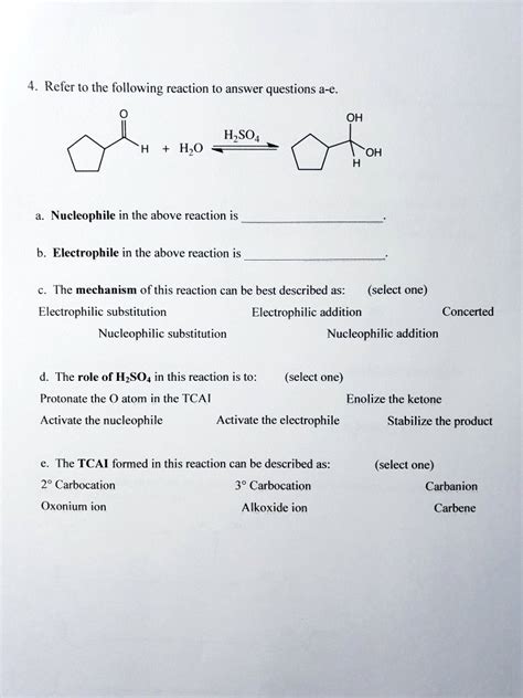 SOLVED: Refer to the following reaction to answer questions a-e OH HzSO4 Hzo 'OH Nucleophile in ...