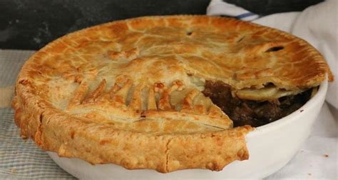 Shin of beef, leek and potato pie with cheese pastry