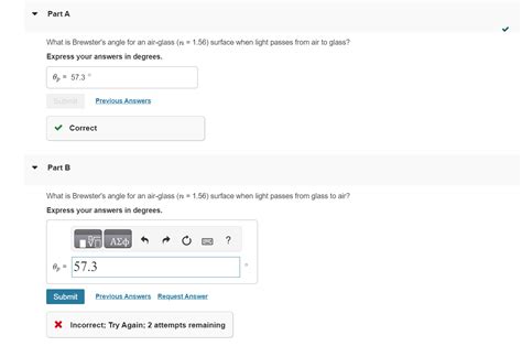 Solved What is Brewster's angle for an air-glass (n=1.56) | Chegg.com