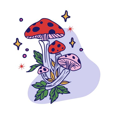 Magic mushroom, mushroom with plants and stars, outline drawing ...