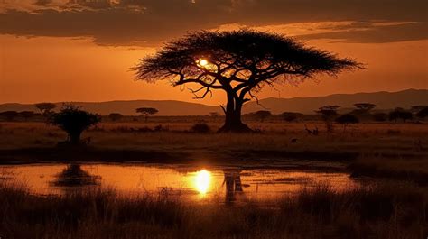 Acacia Sunset Over An Tree And Waterhole Backgrounds | JPG Free Download - Pikbest