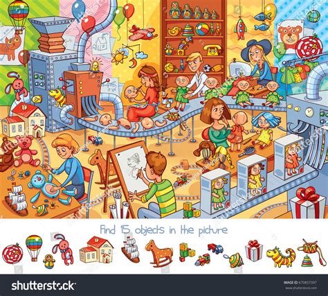 Toy factory. Find 15 objects in the picture. Funny cartoon character. Vector illustration #Ad ...