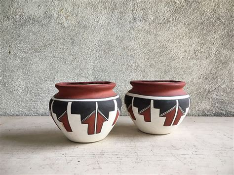 Pair of Acoma Pottery Wall Pocket Vases Half Pots, Native American Indian Pottery