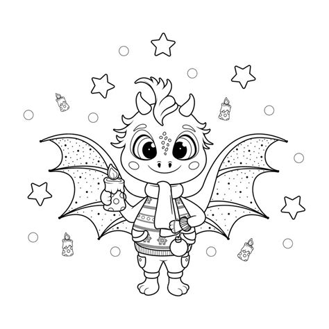 Premium Vector | Coloring page christmas cartoon dragon with a christmas candle and a toy