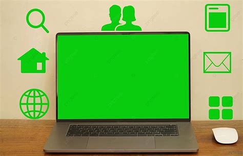 Green Screen Laptop With Icons For Program Use On Desk Photo Background And Picture For Free ...