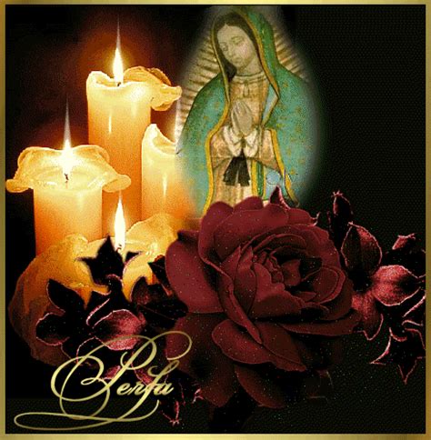 candles and roses are arranged in front of an image of the virgin mary with three candles