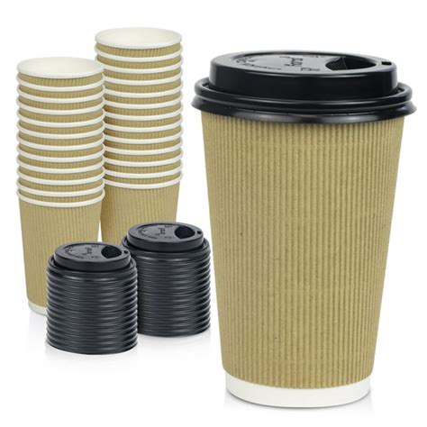 [50 Pack] Disposable Hot Cups with Lids - 16 oz Brown Double Wall ...