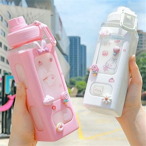 JHTPSLR Large Kawaii Water Bottle With Straw And 3D Stickers Cute Aesthetic Bottle Kawaii Milk ...