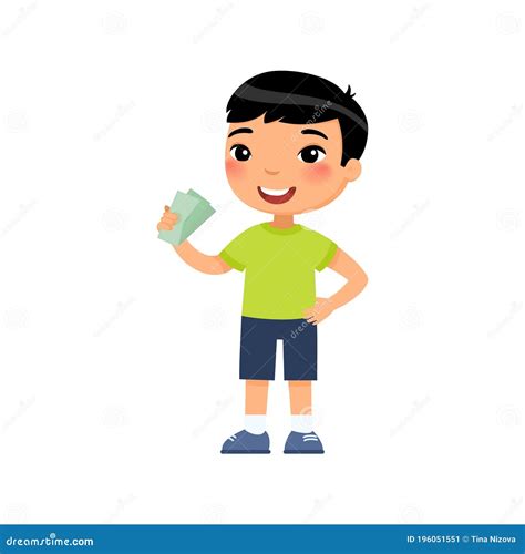 Little Asian Boy with Money in Hand Flat Vector Illustration. Stock Vector - Illustration of ...