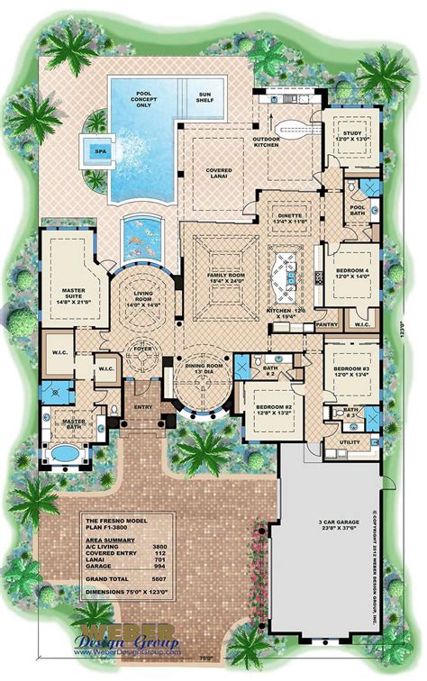 Mediterranean House Plan: Luxury 1 Story Home Floor Plan with Pool ...