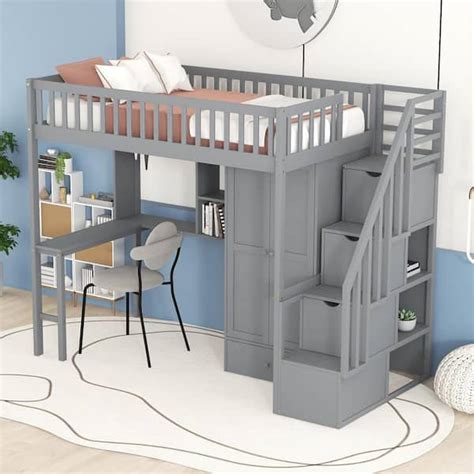 Harper & Bright Designs Gray Twin Wooden Loft Bed with Wardrobe, Drawer, Desk, Bookshelf and ...