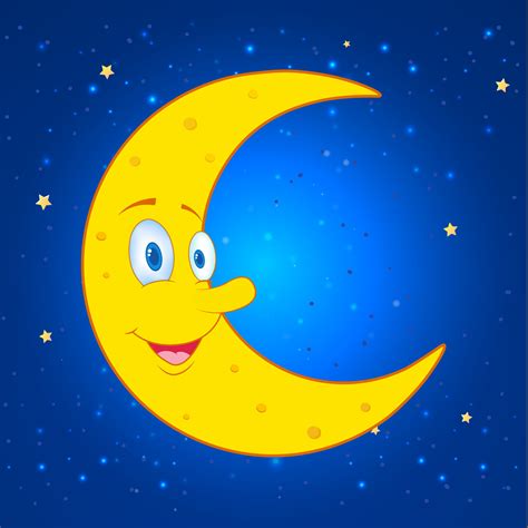 Happy crescent moon cartoon design icon. Smile crescent moon cartoon isolated on starry night ...