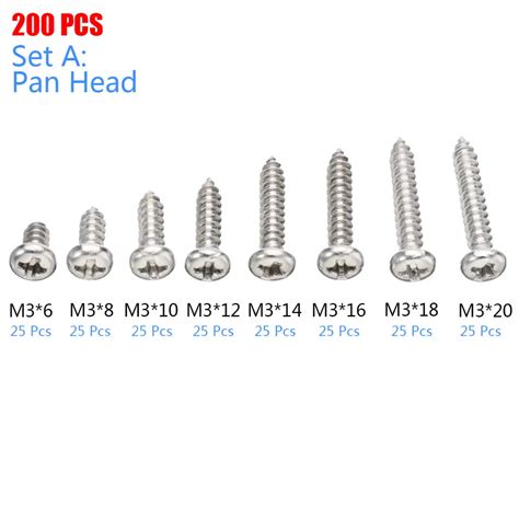 200pcs New M3 Self Tapping Screws Stainless Steel Pan Flat Head Self Tapping Screws 8 Sizes ...