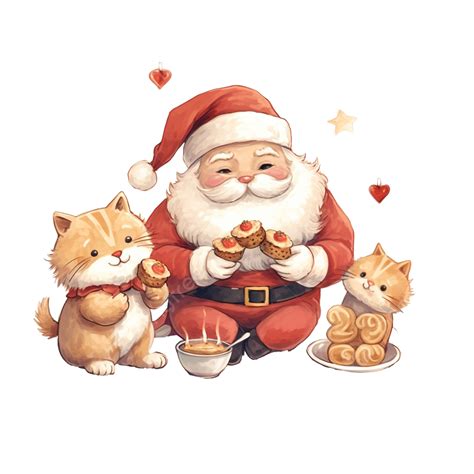Kartun Santa Claus Natal Yang Lucu Dan Kucing Sedang Makan Kue, Kucing Natal, Santa Lucu, Kartun ...