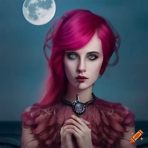 Ethereal alice in wonderland woman with magenta hair by the ocean under the moonlight on Craiyon