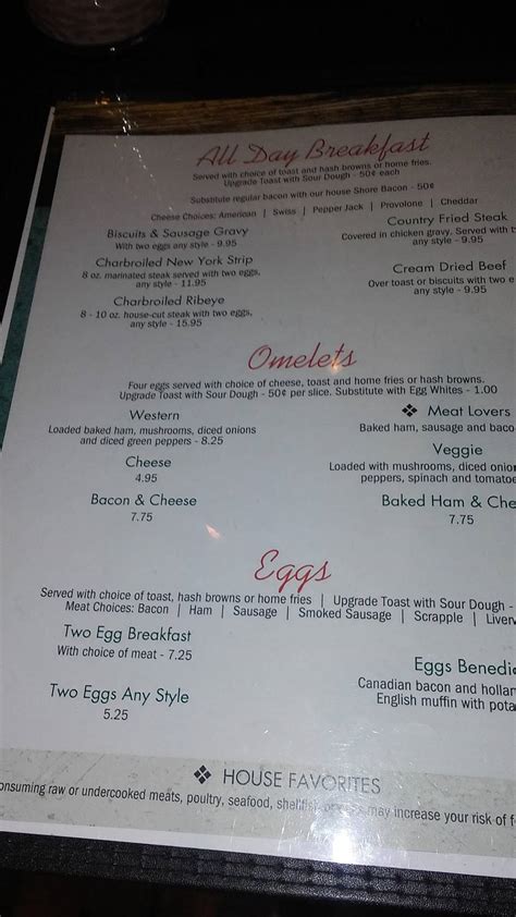 Menu at The Shore Diner restaurant, Jersey Shore