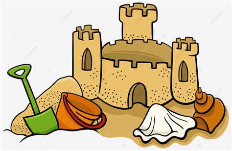 Cartoon Illustration Of Sand Castle On The Beach With Toys And Shells, The, Shovel, Recreation ...