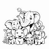 Cartoon Elephants Wild Animal Characters Group Coloring Page  sketch template