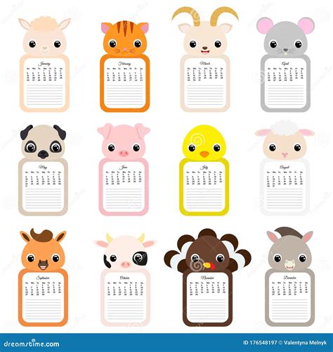 Cute Monthly Animals Calendar 2020 with Notes Stock Illustration - Illustration of animal ...