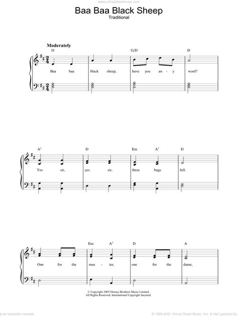 Baa Baa Black Sheep sheet music for voice, piano or guitar [PDF]