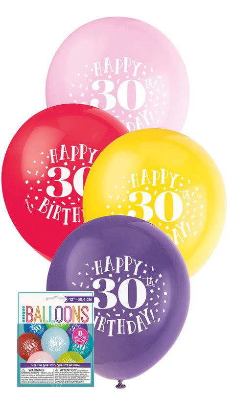 HAPPY 30TH BIRTHDAY 8 X 30CM (12") BALLOONS - ASSORTED COLOURS - EC Living