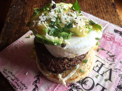 "Kobe-Wagyu Burger Benedict with Avocado" — Definitely Delish