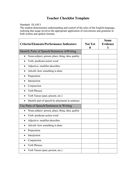 Teacher Checklist Template