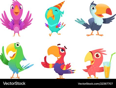 Cartoon parrots characters cute feathered birds Vector Image