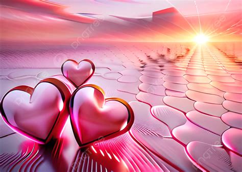 Pink 3d Hearts On A Sea Shore With Sunset Background, Love Wallpaper, Pink Wallpaper, Valentines ...