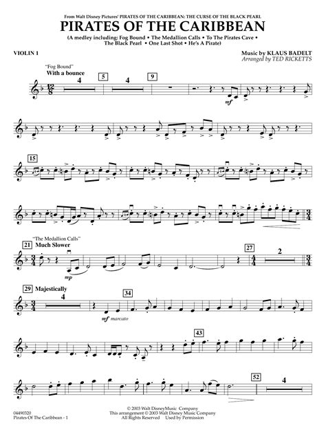 Pirates of the Caribbean (arr. Ted Ricketts) - Violin 1 by Klaus Badelt Sheet Music for Full ...