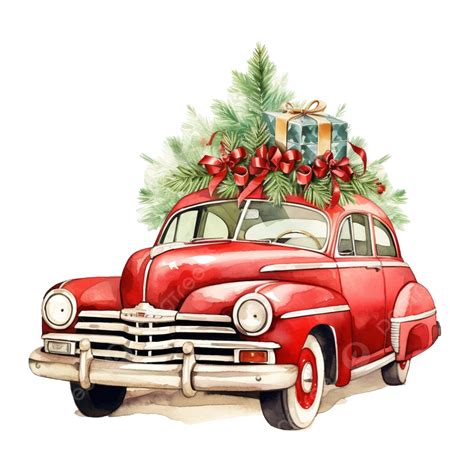 Red Retro Vintage Car In Festive Decorations, Merry Christmas, Red Car, Chevrolet PNG ...