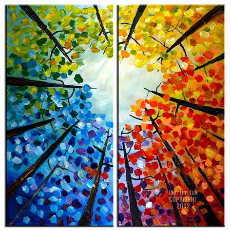 Abstract forest Looking up, Contemporary acrylic painting Autumn ...