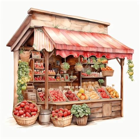 Premium AI Image | Watercolor Strawberry market stall watercolor clipart illustration