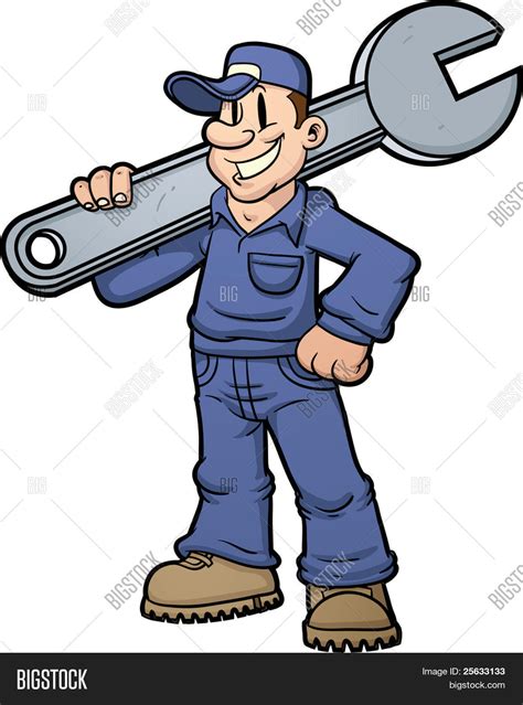 Cartoon mechanic holding a huge wrench. Vector illustration with simple ...