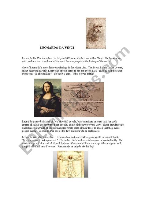 Printable Leonardo Da Vinci Worksheets - Printable Word Searches