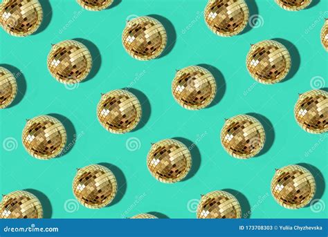 Creative Christmas Pattern. Shiny Gold Disco Balls Over Mint Background. Flat Lay, Top View ...