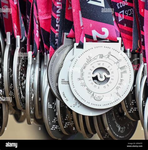 London, England. 23 April, 2023. Finishers medals awaiting the runners at the finish line at the ...