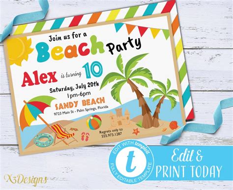 Beach Birthday Invitation Beach Invitation Instant Download | Etsy