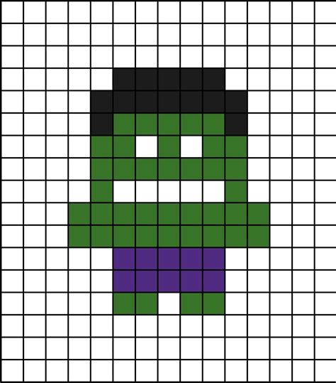 A small pixel art template of Hulk. Perler Bead Art, Perler Beads, Easy Pixel Art, Messi Photos ...