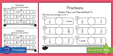 Fractions Worksheets For Grade 3 | Greater Than, Less Than