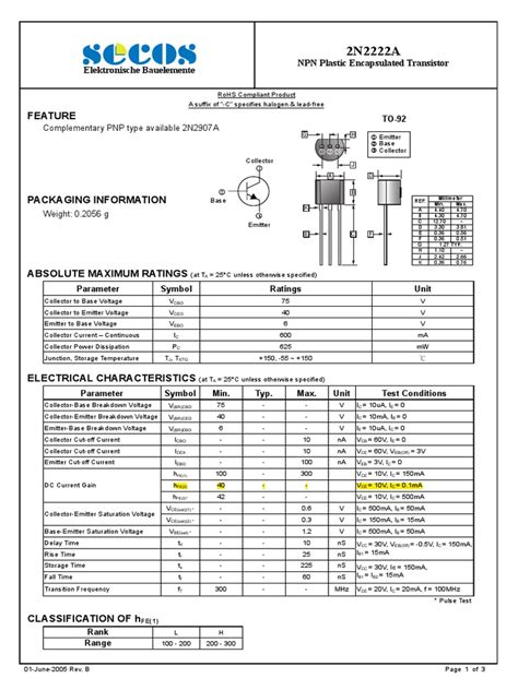 2n2222 Npn Transistor Datasheet Pdf Bipolar Junction Transistor - Riset