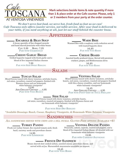 Ventosa Vineyards menu in Geneva, New York, USA