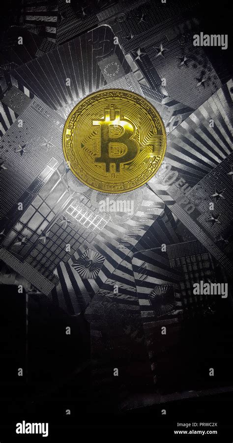 Bitcoin. Physical bit coin. Digital currency. Cryptocurrency. Golden ...