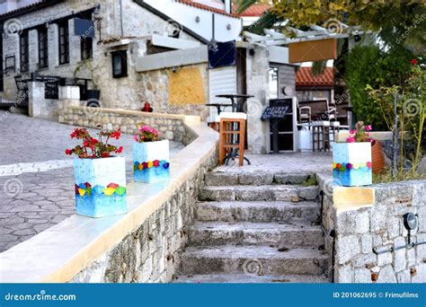 Flowers and Restaurants in Afitos, Halkidiki, Greece Editorial Image ...