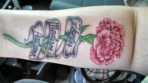 Red carnation tattoo with names Carnation Flower Tattoo, Name Flower Tattoo, Flower Tattoo ...